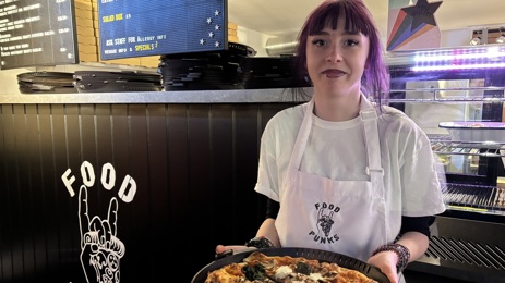 food punks young person with pizza